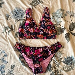 Floral V-Neck Bikini Set in Navy Blue with Pink & Orange Flowers